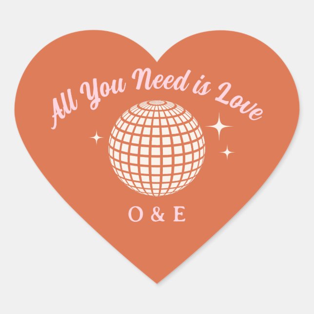 70s Disco Ball Sparkles Retro Wedding Initials  Heart Sticker (Front)