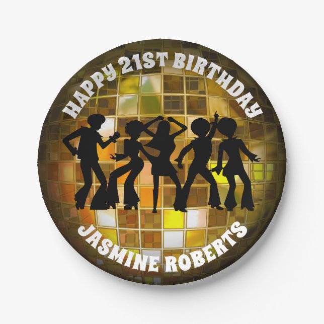70's Disco Birthday | Gold Glitter Ball Paper Plates (Front)