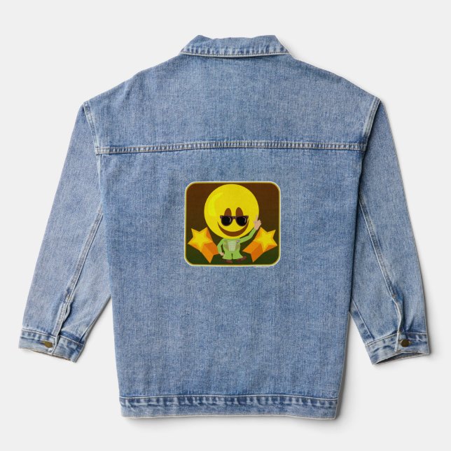 70s Disco Smile Guy Cute Cartoon Fun Logo Denim Jacket (Back)