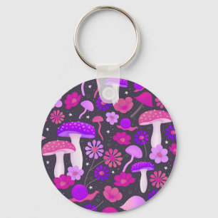 70s Floral Mushrooms Vibrant Pink, Purple & Black Keychain