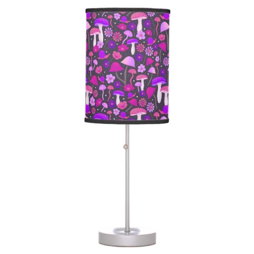 70s Floral Mushrooms Vibrant Pink Purple  Black Table Lamp