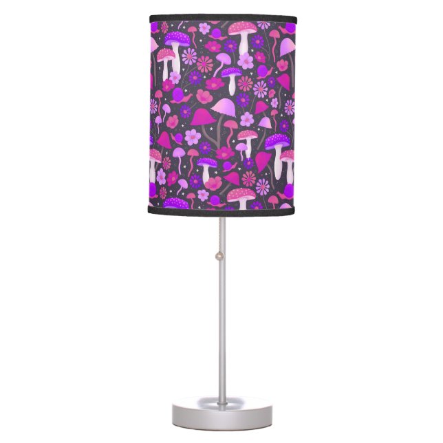 70s Floral Mushrooms Vibrant Pink, Purple & Black Table Lamp (Front)