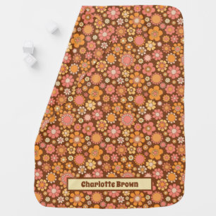 70's Flower Power Pattern Brown Pink Orange Name Baby Blanket