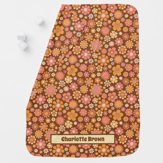 70's Flower Power Pattern Brown Pink Orange Name Baby Blanket (In Situ)