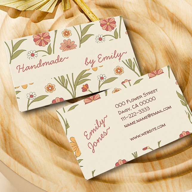 70s Flowers Handmade By Name Brown Boho Style Cute Business Card (Creator Uploaded)