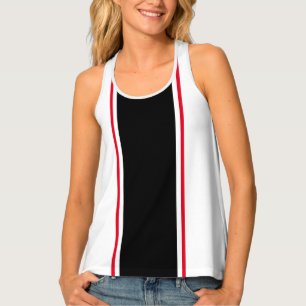 70s Fun Sporty Black Red Racing Stripes On White Tank Top