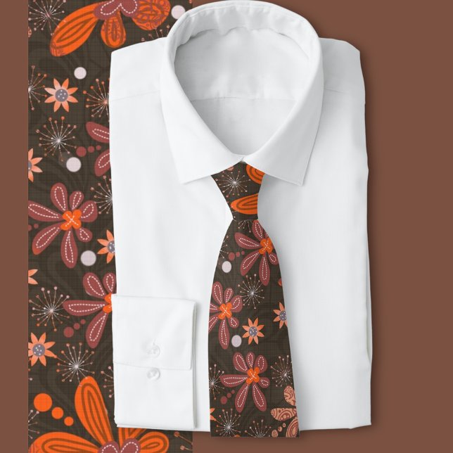 70s Garden brown orange   Neck Tie (70s inspired floral tie)
