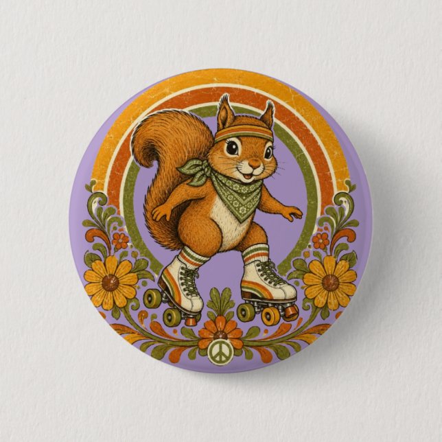 70s Groovy Roller Skating Squirrel Button (Front)