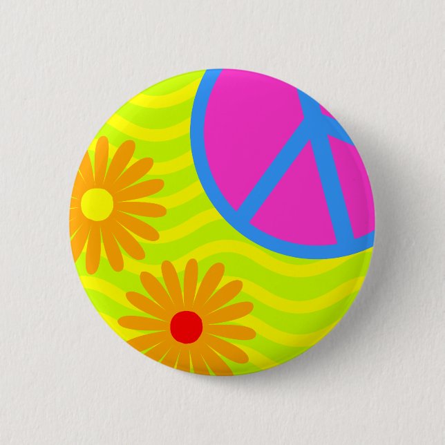 70's Hippie Peace Sign and Flowers Button (Front)