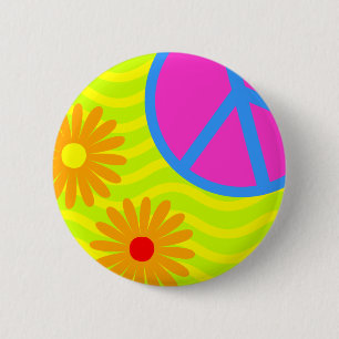 70's Hippie Peace Sign and Flowers Button