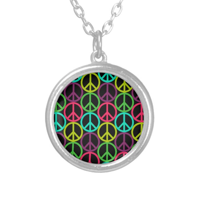 70's Hippie Peace Sign Pattern Silver Plated Necklace (Front)