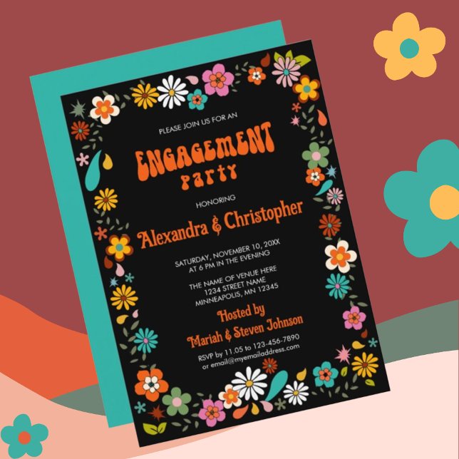 70's inspired Funky Black background Engagement Invitation (Creator Uploaded)