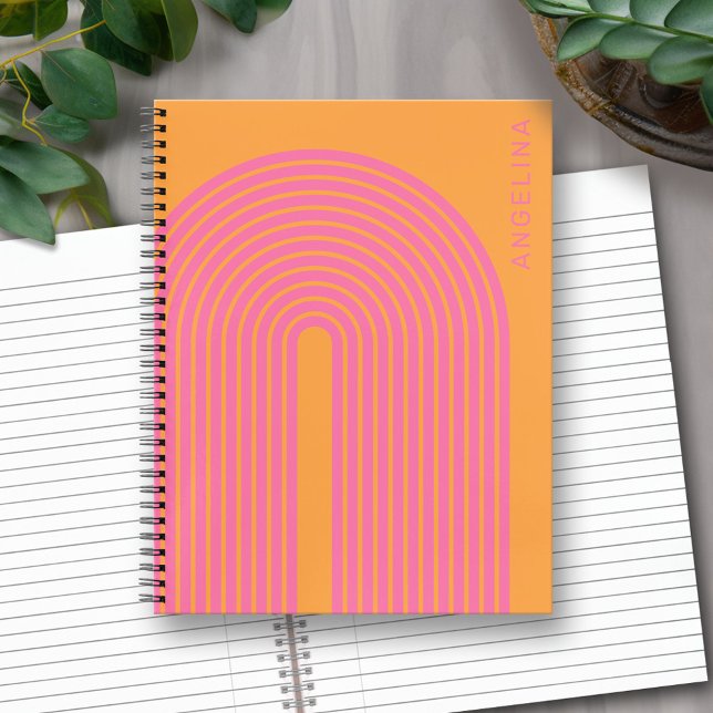 70s Inspired Line Art - Orange Pink Rainbow Arch Notebook (Personalized Notebook with Custom Text)