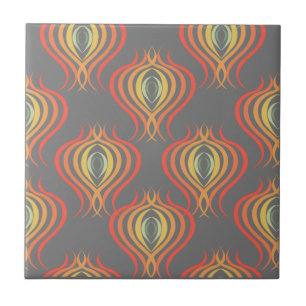70s Inspired Ogee Pattern Orange Red Gray Ceramic Tile
