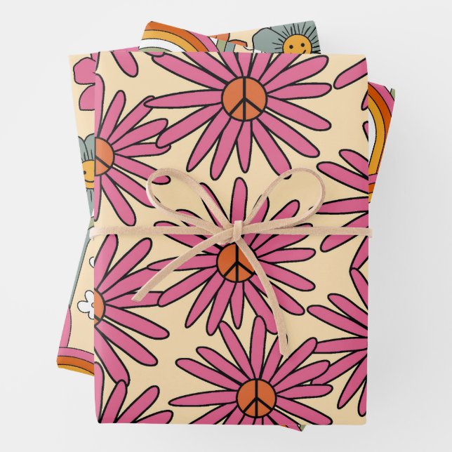 70's Inspired Retro Floral Gift Wrapping Sheets (In situ)