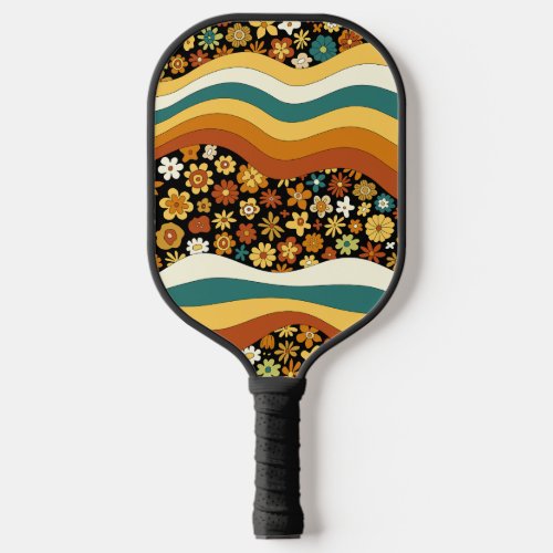 70s Inspired Retro Floral Groovy Stripes Pattern Pickleball Paddle
