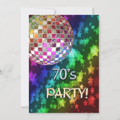 70s invitation with disco ball and rainbow of star