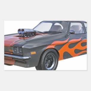70's Muscle Car in Orange Flames and Black Rectangular Sticker