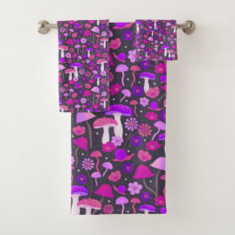 70s Mushrooms &amp; Flowers Pink, Purple &amp; Black Bath Towel Set