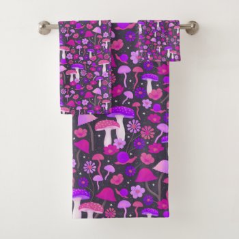 70s Mushrooms & Flowers Pink  Purple & Black Bath Towel Set by dulceevents at Zazzle