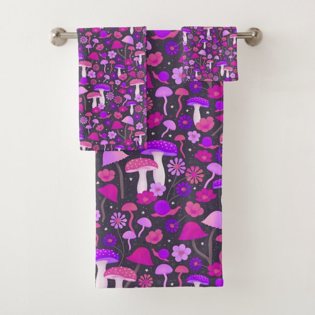 70s Mushrooms & Flowers Pink, Purple & Black Bath Towel Set (Insitu)