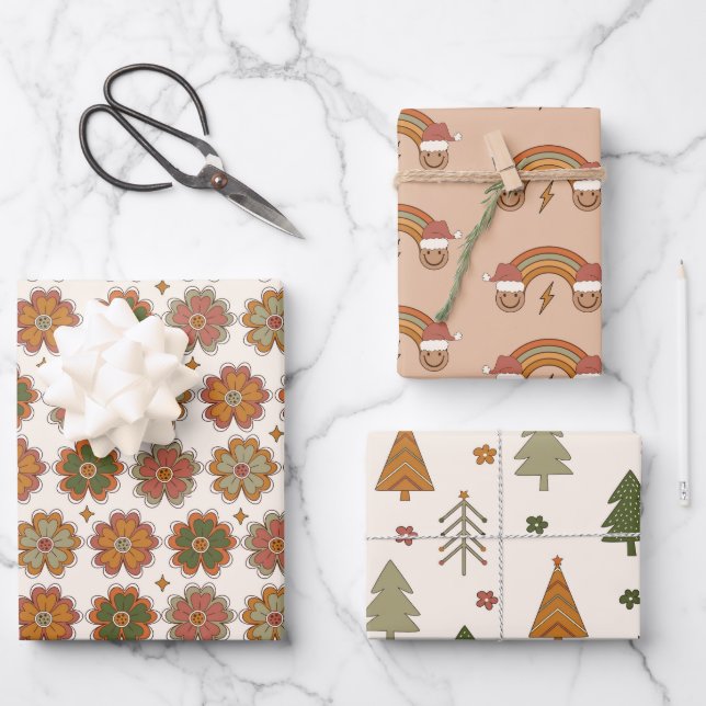 70s Nostalgia Retro Groovy Christmas Wrapping Paper Sheets (Front)