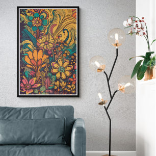 70s Psychedelic Flowers AI Art Colorful Retro Poster