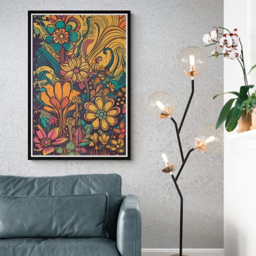 70s Psychedelic Flowers AI Art  Colorful Retro  Poster