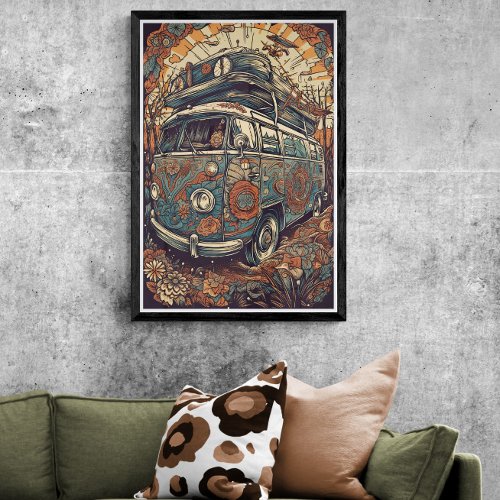 70s Psychedelic Hippie Van Retro AI Art Poster