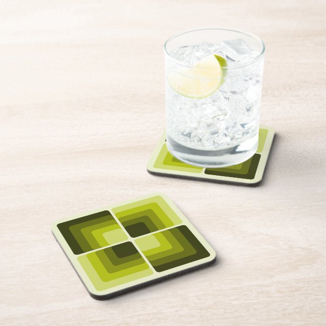 70s Rainbow Squares Monochrome Green Beverage Coaster (Right Side)