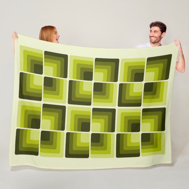 70s Rainbow Squares Monochrome Green Fleece Blanket (In Situ)