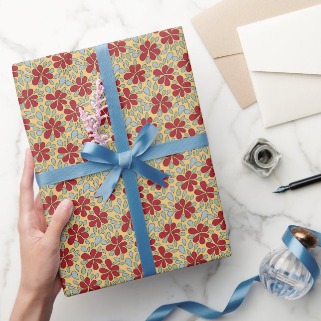 70s Retro Abstract Flowers Red Blue Green Yellow Wrapping Paper (Gifting)