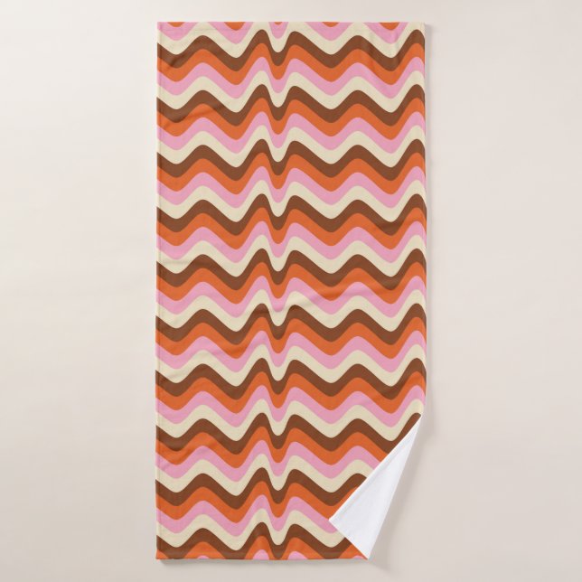 70s retro brown and pink wave pattern  bath towel (Bath Towel)