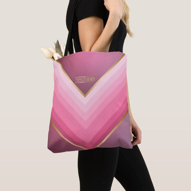 70s Retro Chic Pink And Gold Personalized Tote Bag (Close Up)