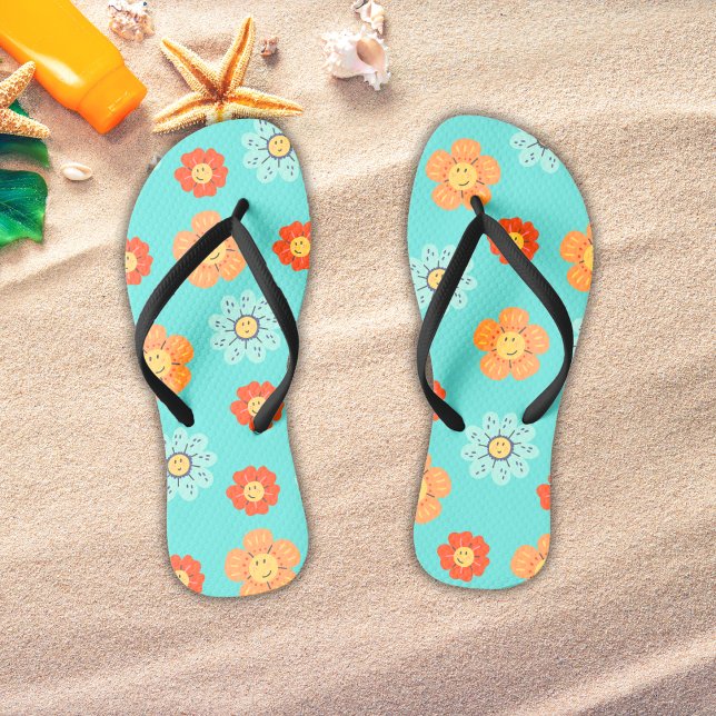70s Retro Colorful Floral Daisies Flip Flops (Beach Flip Flops - Retro Floral Design. )