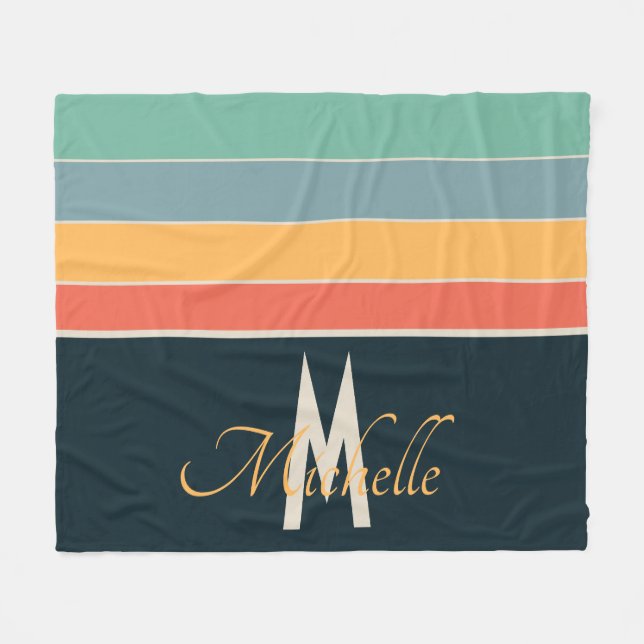 70s retro colorful Stripe names & monogram initial Fleece Blanket (Front (Horizontal))