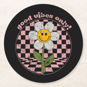 70's Retro Daisy Good Vibes Only Round Paper Coaster