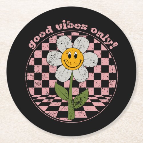 70s Retro Daisy  Good Vibes Only Round Paper Coaster