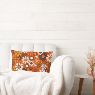 70s Retro Floral Brown Orange Boho Decor Lumbar Pillow