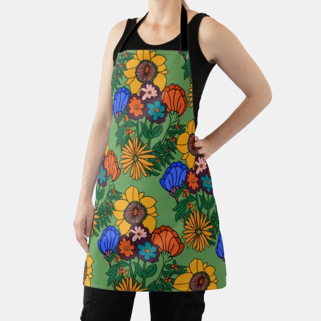 70s Retro Floral Green - Retro mid century modern  Apron (Insitu)