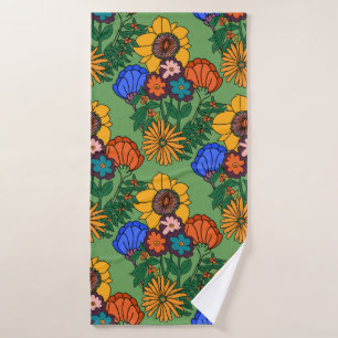 70s Retro Floral Green - Retro mid century modern Bath Towel