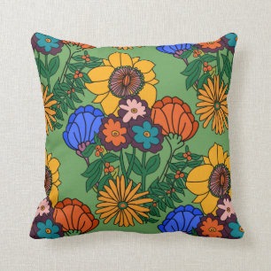 70s Retro Floral Green Throw Pillow
