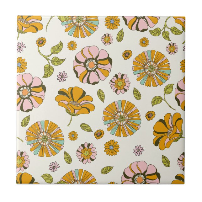 70's Retro Floral Pattern Ceramic Tile (Front)