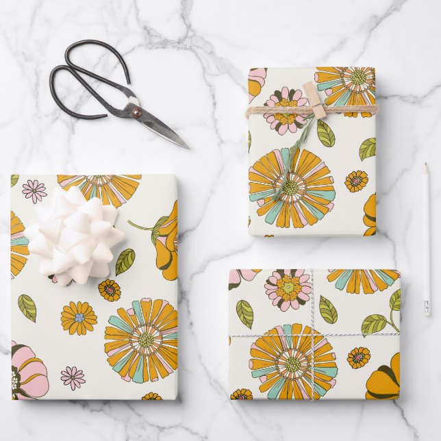 70's Retro Floral Pattern Wrapping Paper Sheets (Front)