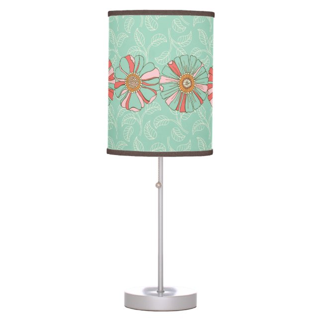 70s Retro Flowers & Mint Green Leaf Pattern Table Lamp (Front)