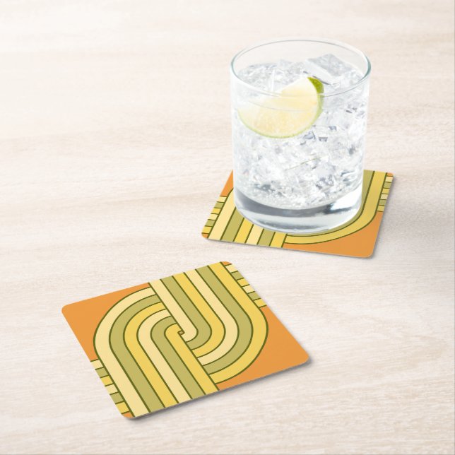70s Retro Geometric Design Square Paper Coaster (Insitu)