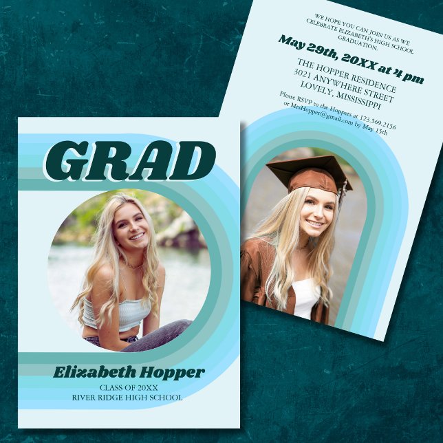 70s Retro Groovy Arch Blue Funky Photo Graduation  Invitation (Creator Uploaded)