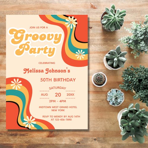 70s Retro Groovy Party Daisies Flower Birthday Invitation