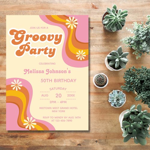 70s Retro Groovy Party Daisies Peach Birthday Invitation