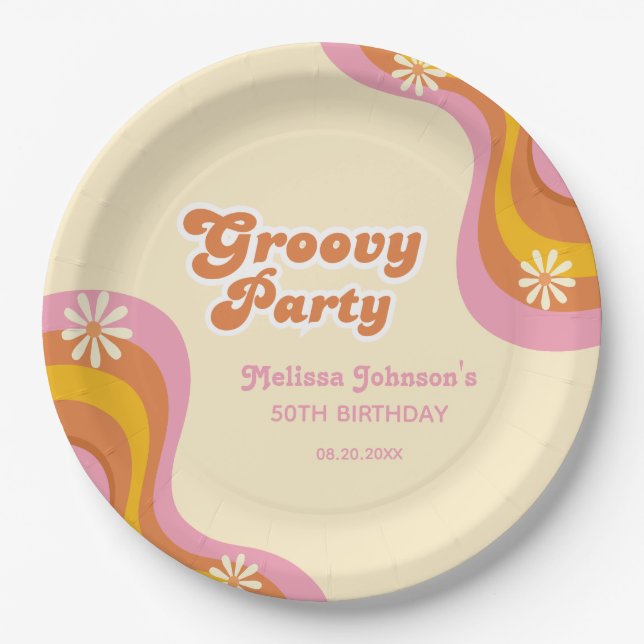 70s Retro Groovy Party Daisies Peach Birthday Paper Plates (Front)